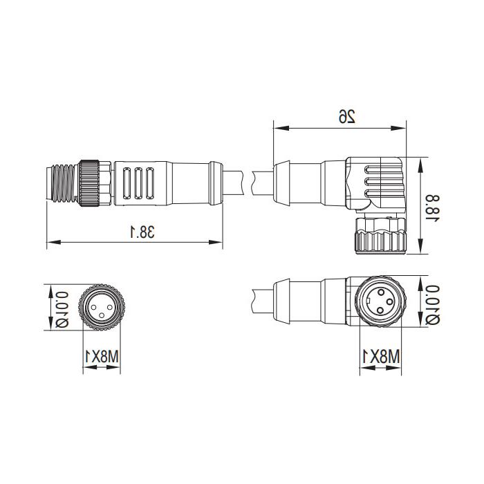 M8 3Pin、母头90°带LED灯转公头直型、双端预铸PVC非柔性电缆、灰色护套、63D083-XXX 